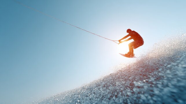 Wakeboarder silhouetted mid jump, dynamic pose cutting across golden sunset sky with shimmering water reflecting vibrant orange light