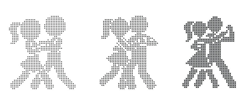 a set of simple cross-stitch designs featuring silhouettes of individuals experiencing discomfort or headache, ideal for use in health, wellness, or lifestyle marketing materials