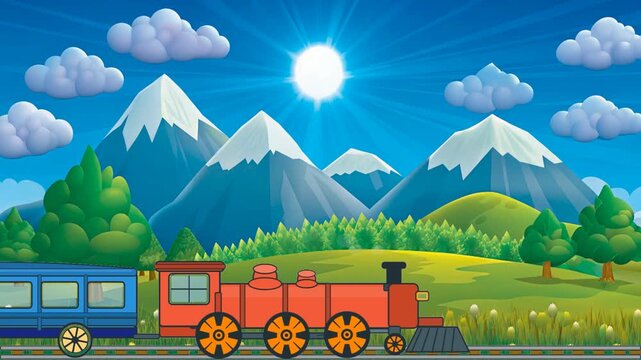 A bright cartoon train with red locomotive and blue carriage stands on rails before green hills, pine forest, snowy mountains, fluffy clouds, and shining sun.