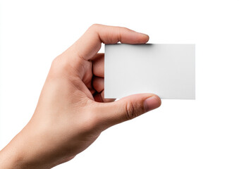 Obraz premium Human hand holds blank white card against white background