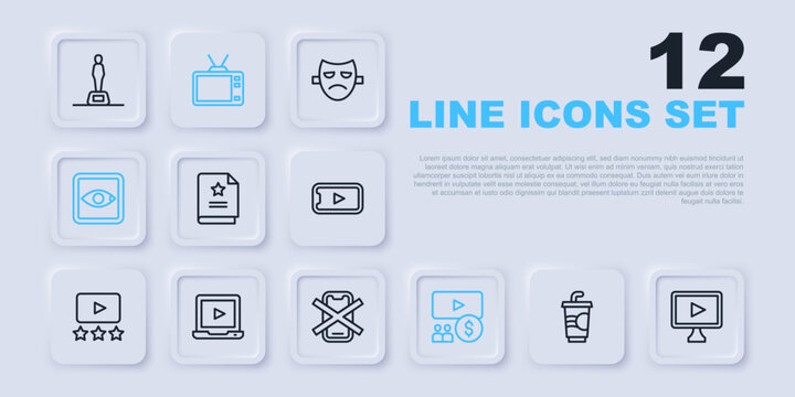 Set line Paper glass with water, Online play video, Scenario, Cinema auditorium screen, Rating movie, Retro tv and No cell phone icon. Vector