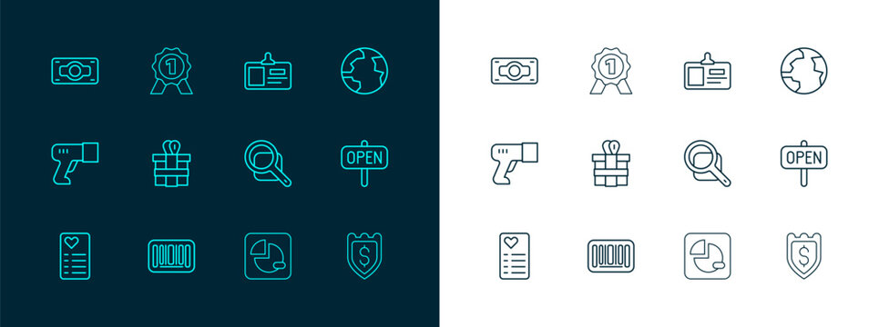Set line Worldwide, Barcode, Magnifying glass, Pie chart infographic, Gift box, Identification badge, Stacks paper money cash and Medal icon. Vector