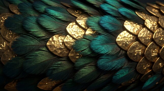 Luxury Gold and Jade Abstract Texture, Feathered Serpnt Skin Pattern Background