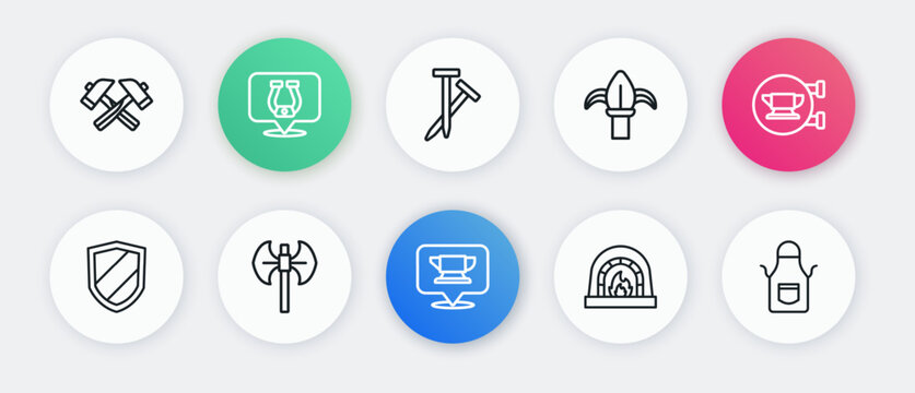 Set line Blacksmith anvil tool, Shield, oven, Classic iron fence, Metallic nails, apron and Medieval poleaxe icon. Vector