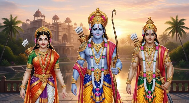 Three Hindu deities in ornate traditional attire with gold jewelry stand before a grand palace at sunset. Colorful silk garments feature sacred symbols amid palm trees and golden light.