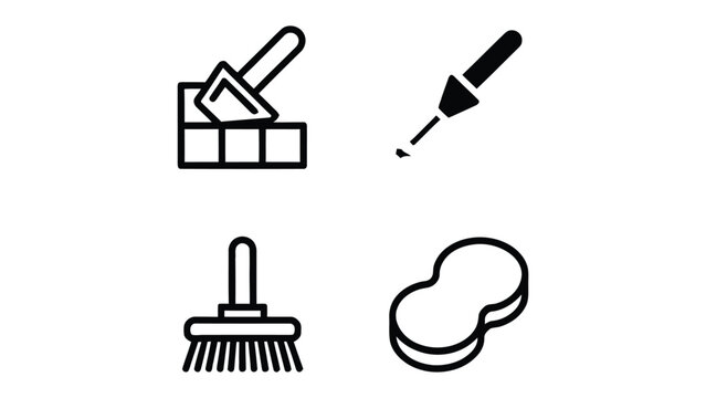 Construction Icons Set: A collection of simple, yet elegant black and white icons that symbolize construction, featuring tools like a trowel, a dropper, a brush, and a sponge.