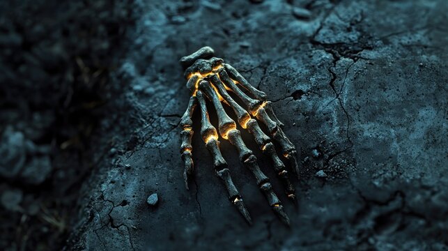 Glowing skeleton hand on rough surface