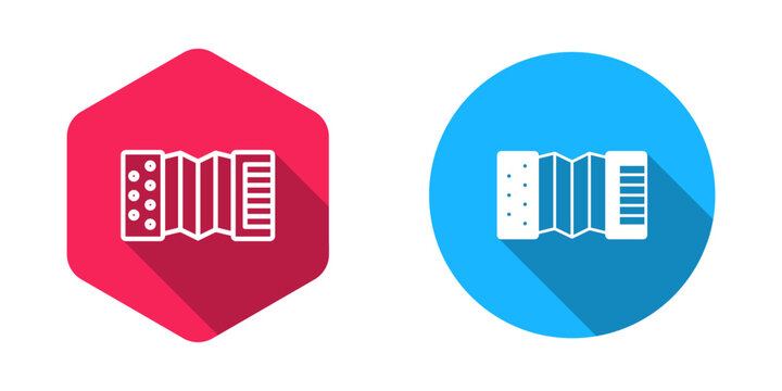 Filled and outline Musical instrument accordion icon isolated with long shadow background. Classical bayan, harmonic. Vector