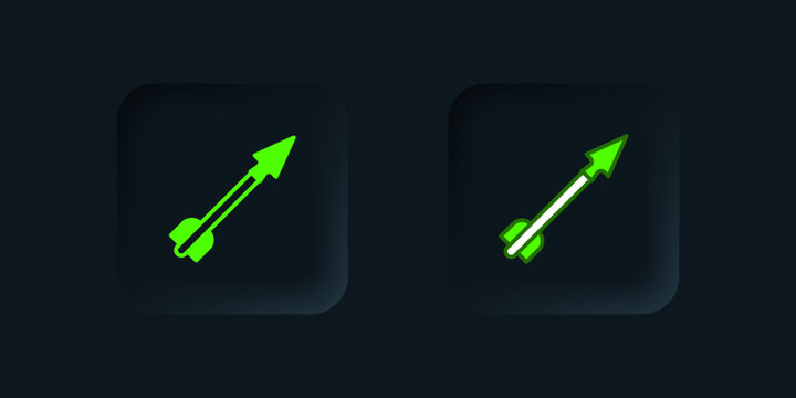 Green Medieval arrow icon isolated on black background. Medieval weapon. Black square button. Vector