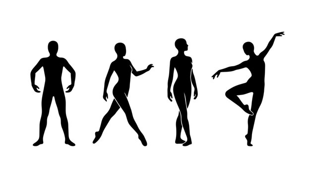 Expressive standing poses showing gestures and balance illustrated in clean silhouette line illustration style for character visuals body language study and motion reference