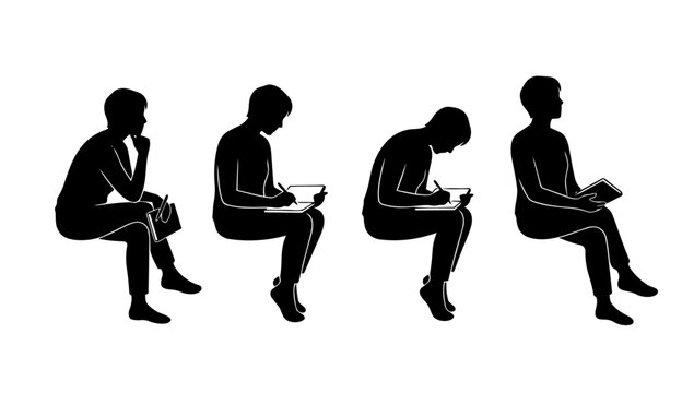 Seated human poses showing relaxed and focused positions illustrated in clean silhouette line illustration style for lifestyle visuals posture study and behavior reference