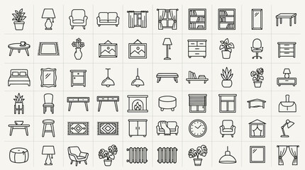 Obraz premium Flat vector icon set of various furniture and household items displayed in a grid