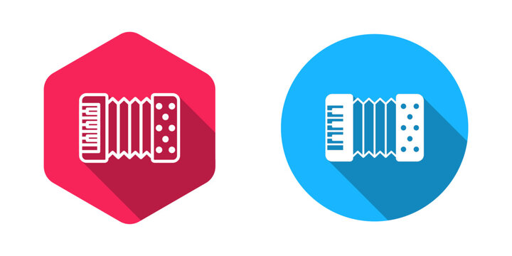 Filled and outline Musical instrument accordion icon isolated with long shadow background. Classical bayan, harmonic. Vector