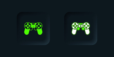 Green Game controller or joystick for game console icon isolated on black background. Black square button. Vector © Iryna