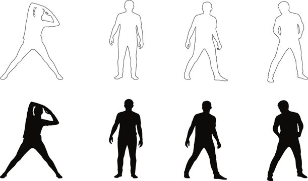 Anatomical study of human figures line drawings depicting various poses and perspectives