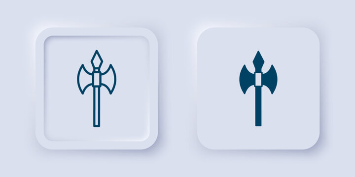 Filled and outline Medieval axe icon isolated on grey background. Battle axe, executioner axe. Medieval weapon. Square button. Vector