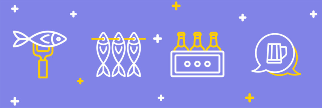 Set line Wooden beer mug, Pack of bottles, Dried fish and icon. Vector