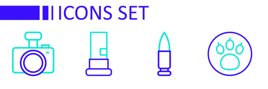 Set line Paw search, Bullet, Cartridges and Photo camera icon. Vector