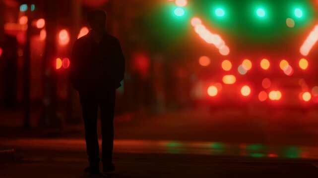 Solitary Person Roams Through Luminous And Shadowy Cityscape Illuminated By Vibrant Neon Lights