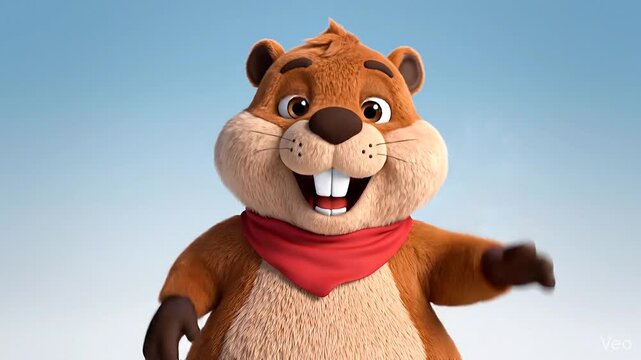 A friendly beaver cartoon character with a red scarf, a cheerful 3d cartoon animation, and a happy expression