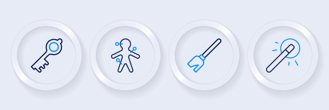 Set line Magic wand, Witches broom, Voodoo doll and Old magic key icon. Vector