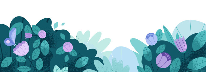 Stylized illustration of blooming flowers and green foliage with botanical decoration background colorful illustration stylized abstract wildflower seasonal vegetation © Stock4line