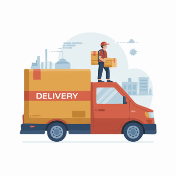 A delivery worker stands on the roof of a cargo van holding a package in a flat.