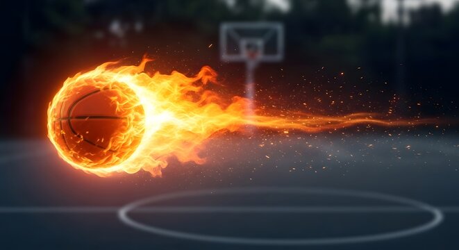 Basketball on fire in fast motion flying towards the court basket.