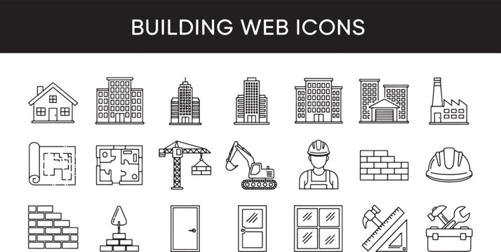 Building and Construction Web Icons Set: Architecture, Tools, and Engineering Symbols