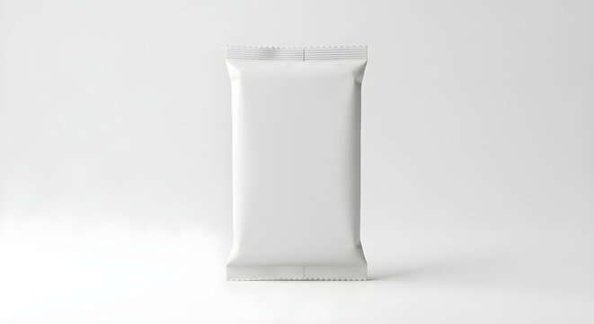 Blank white snack food packaging pouch isolated on white background, chocolate bar mockup