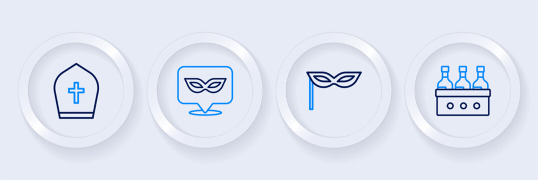 Set line Bottles of wine, Carnival mask, and Pope hat icon. Vector