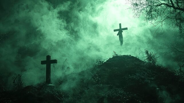 Cemetery crosses in an eerie green fog