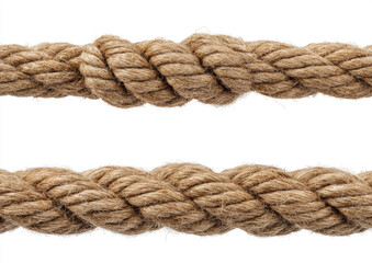Fototapeta premium Two coarse, fibrous ropes with braided strands, isolated on white