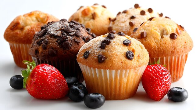 Assorted cranberry muffins in paper liners on white background
