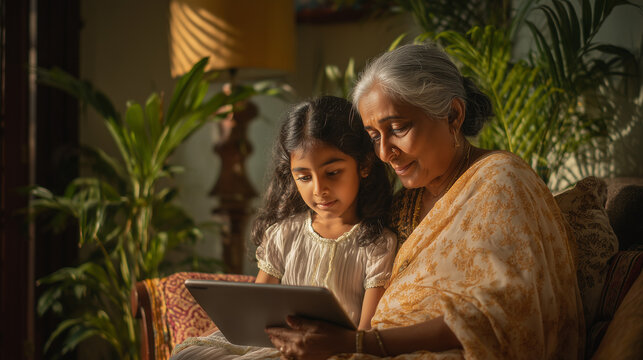 South Asian Grandmother and Granddaughter Using a Digital Tablet Together at Home
