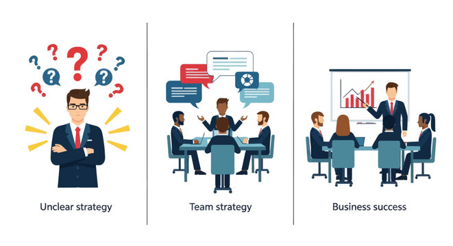 Flat business illustration showing transition from unclear strategy to team strategy and business success through collaboration, leadership, and data driven planning