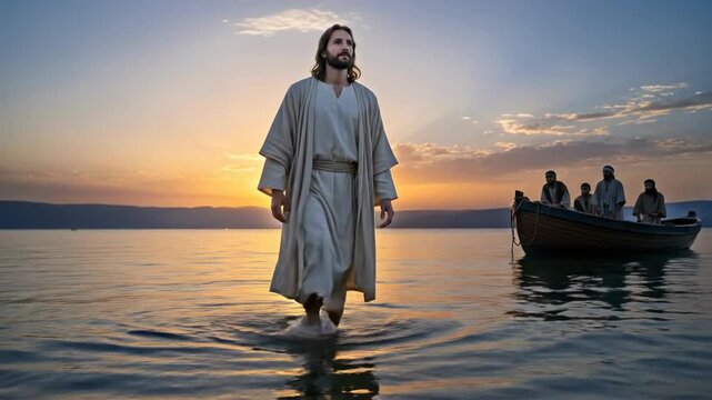 Jesus Christ walks on water, performing a divine miracle, a powerful biblical parable from scripture, demonstrating profound spiritual theology, religion, faith at sunset