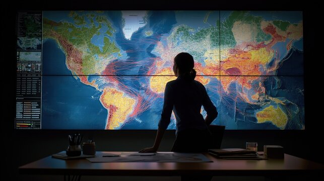 Silhouette of a strategic risk analyst or data scientist studying a massive, glowing world map featuring intricate data visualizations of global trade routes and geopolitical tensions in a dark.