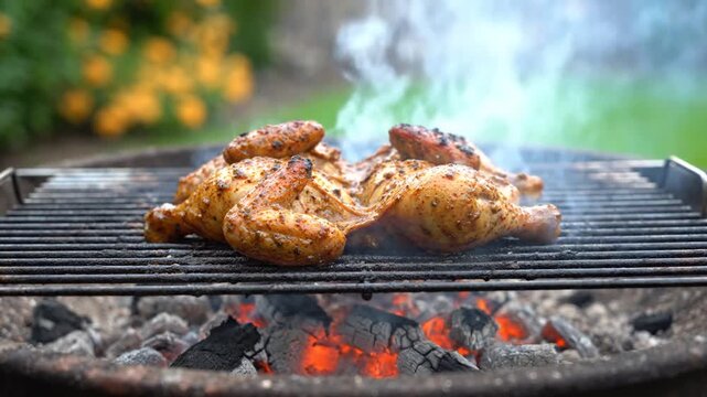 Juicy Marinated Chicken Grilling Outdoors Over Charcoal Flames Vibrant Summer
