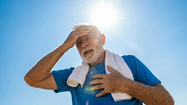 Senior adult male struggling with oppressive summer warmth, feeling exhausted and dizzy under intense sun exposure, experiencing symptoms of heatstroke,