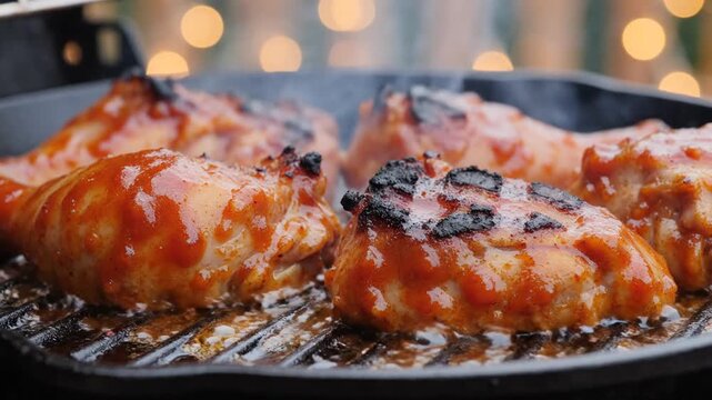Close-Up of Juicy Chicken Pieces Being Cooked on Grill with Melting Cheese