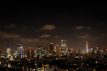 Obraz premium Skyscrapers of a Major City Illuminated by Various Lights at Night with Ample Copy Space in an Urban Business District
