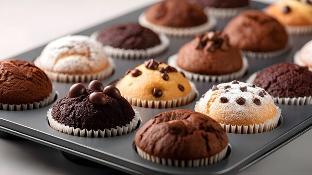 Delicious assorted mini chocolate muffins in a baking tray.
