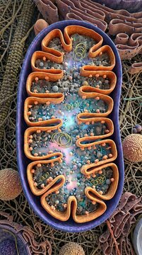 Mitochondrion, a fundamental cellular engine fueling life process, illustrating intricate inner membrane fold, an active matrix.