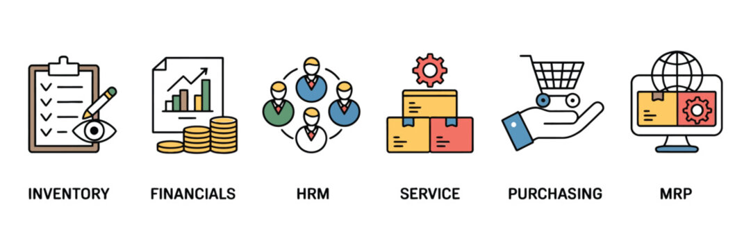 Business management software icons for erp modules line art