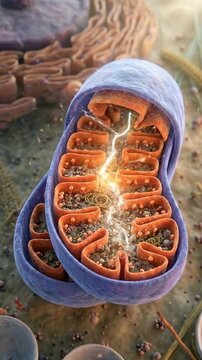 Mitochondrion actively producing vital biological energy within its complex inner structure, depicting dynamic cellular power generation through respiration mechanism.