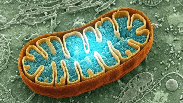 Mitochondrion producing energy molecule, showcasing dynamic cellular respiration, an indispensable biological mechanism generating ATP for powering life.