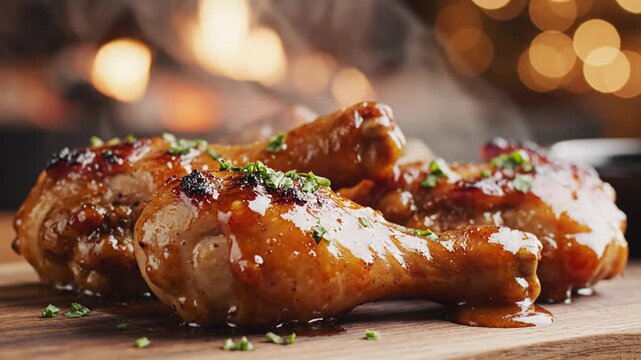 Close-up of juicy glazed chicken drumsticks garnished with herbs on wooden board