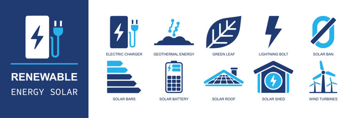Renewable energy icon set. Containing charger, geothermal, green leaf, lightning bolt, solar bars, battery, solar roof, solar shed, wind turbines and more. Solid fill vector icons. © Ella