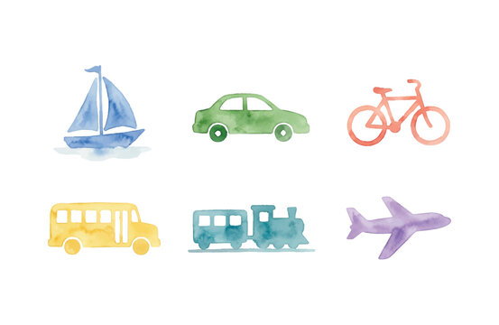 Watercolor transportation icons set on white background